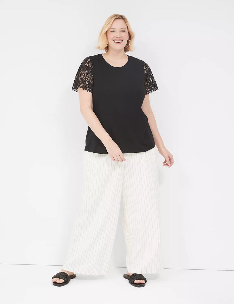 Women Lane Bryant Crochet-Sleeve Crew-Neck Tee T Shirts Black | OAA9245EA