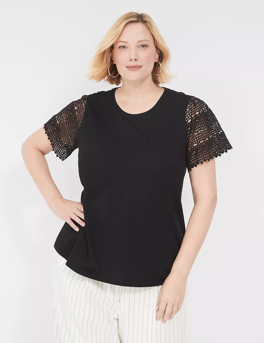 Women Lane Bryant Crochet-Sleeve Crew-Neck Tee T Shirts Black | OAA9245EA