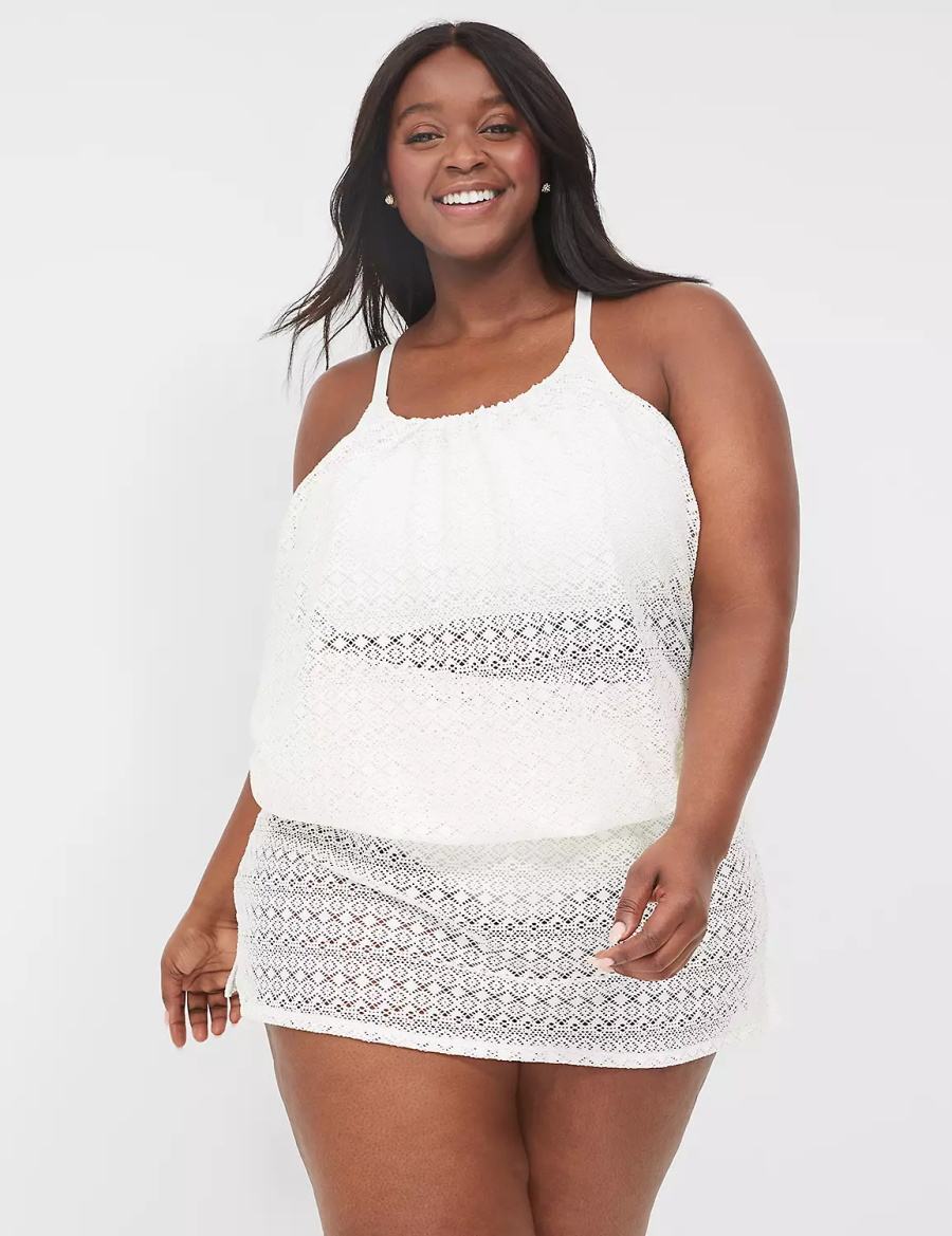 Women Lane Bryant Crochet No-Wire Blouson Tankini Bikini Top White | CAH8325FG