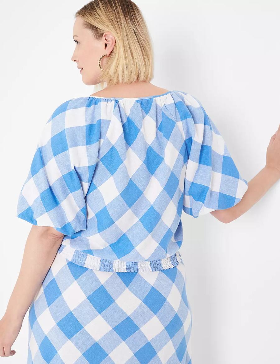 Women Lane Bryant Crop Balloon-Sleeve Top T Shirts Blue White | JQV6124CT