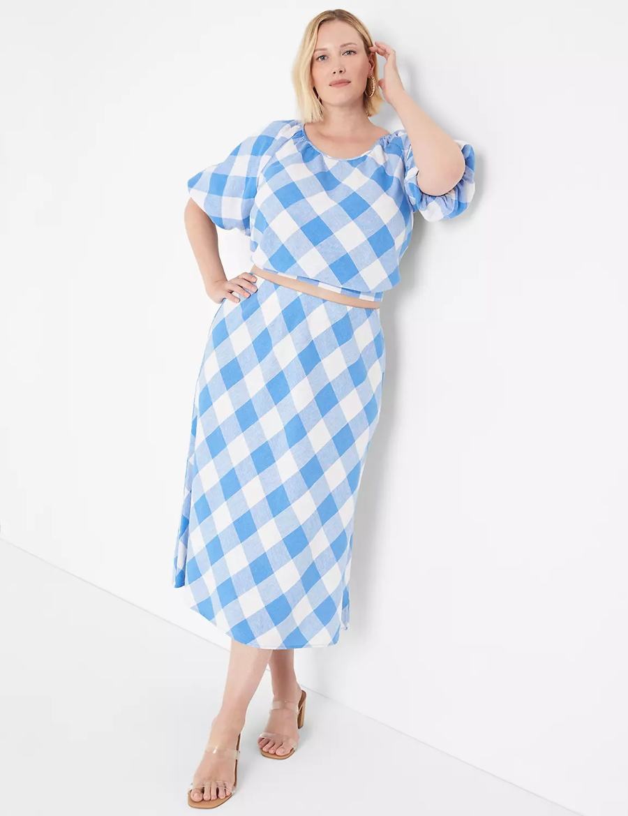 Women Lane Bryant Crop Balloon-Sleeve Top T Shirts Blue White | JQV6124CT