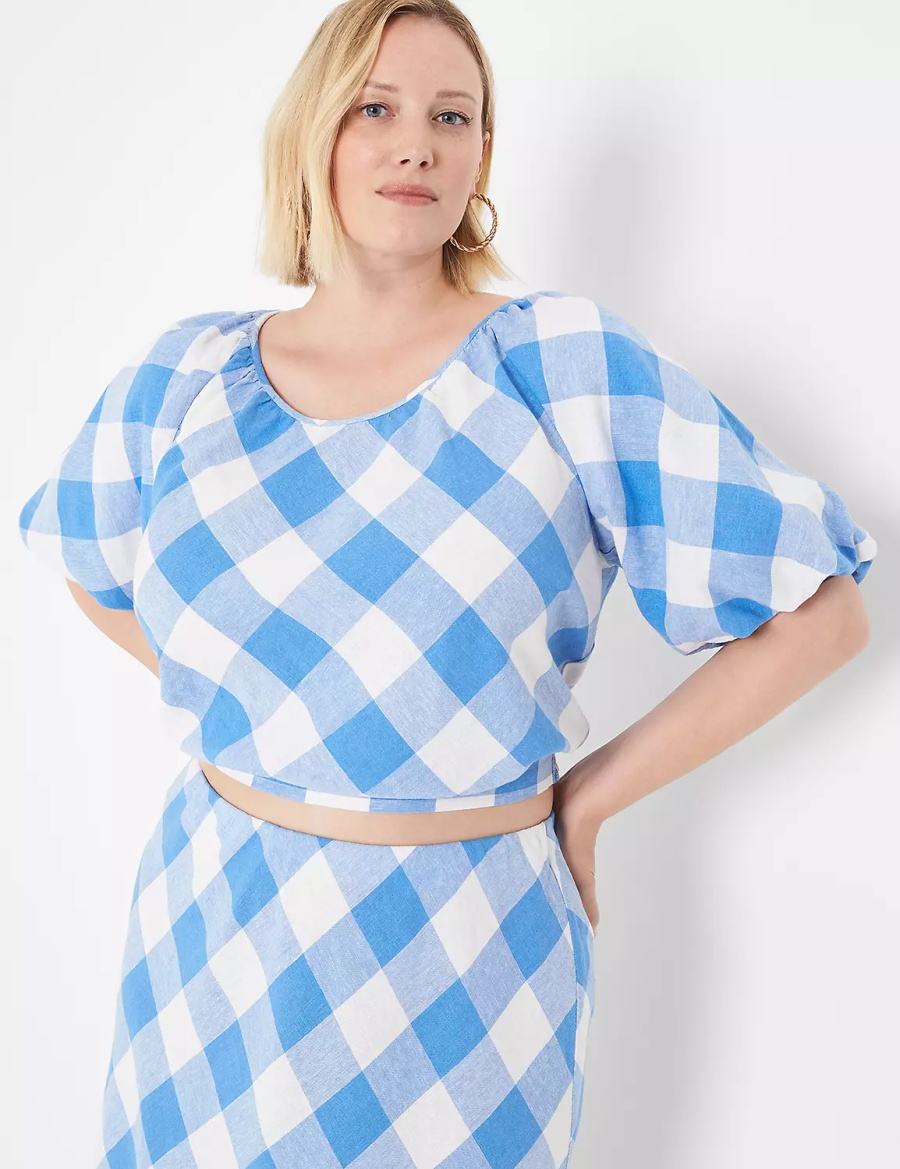 Women Lane Bryant Crop Balloon-Sleeve Top T Shirts Blue White | JQV6124CT