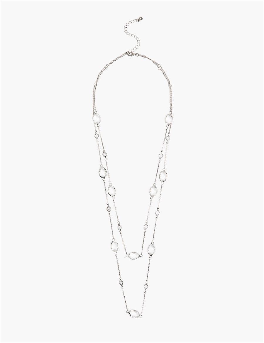 Women Lane Bryant Crystal Station Layered Chain Necklace Silver | TVO4929RQ