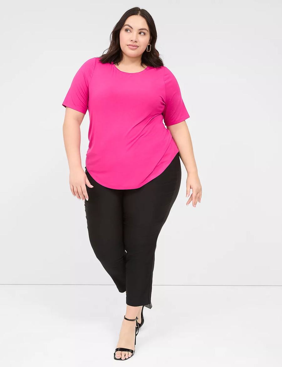 Women Lane Bryant Curved-Hem Perfect Sleeve Tee T Shirts Pink | GEY9754OF