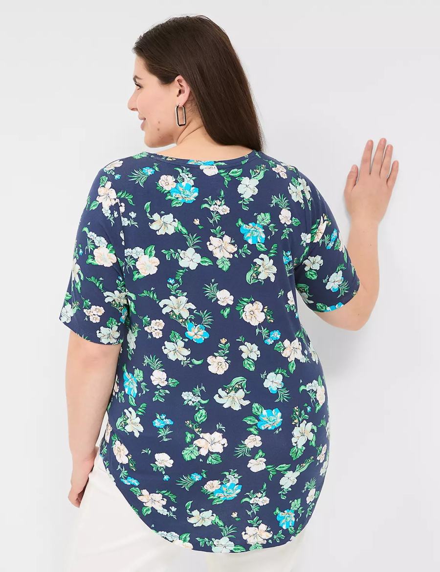 Women Lane Bryant Curved-Hem Perfect Sleeve Tee T Shirts Navy | XHE5466HN
