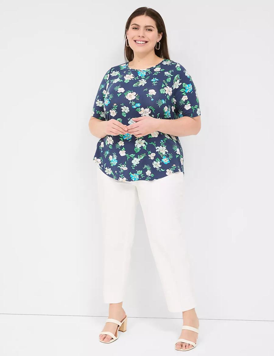 Women Lane Bryant Curved-Hem Perfect Sleeve Tee T Shirts Navy | XHE5466HN