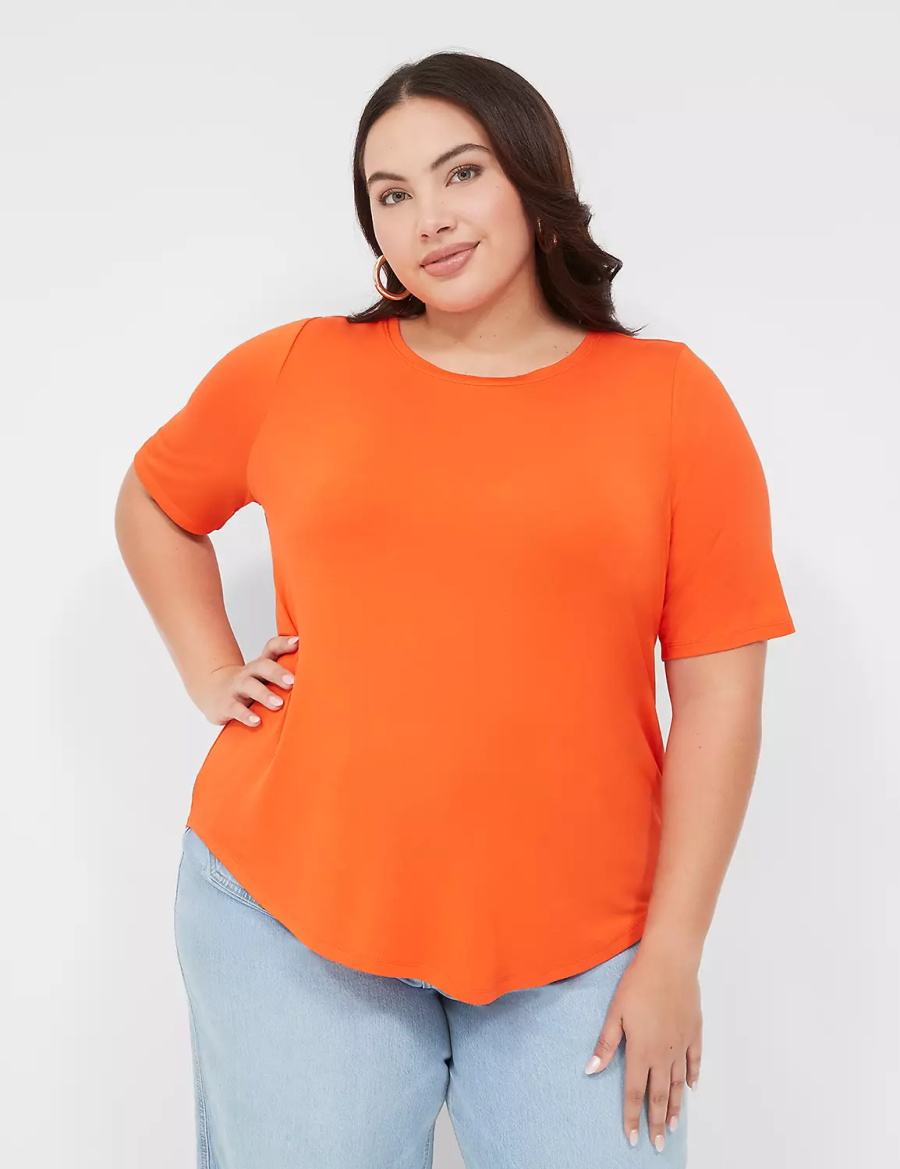 Women Lane Bryant Curved-Hem Perfect Sleeve Tee T Shirts Light Red | PPE1316CJ