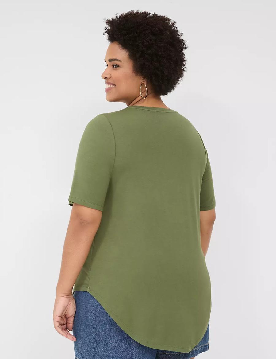 Women Lane Bryant Curved-Hem Perfect Sleeve Tee T Shirts Brown Green | DAN6381WS