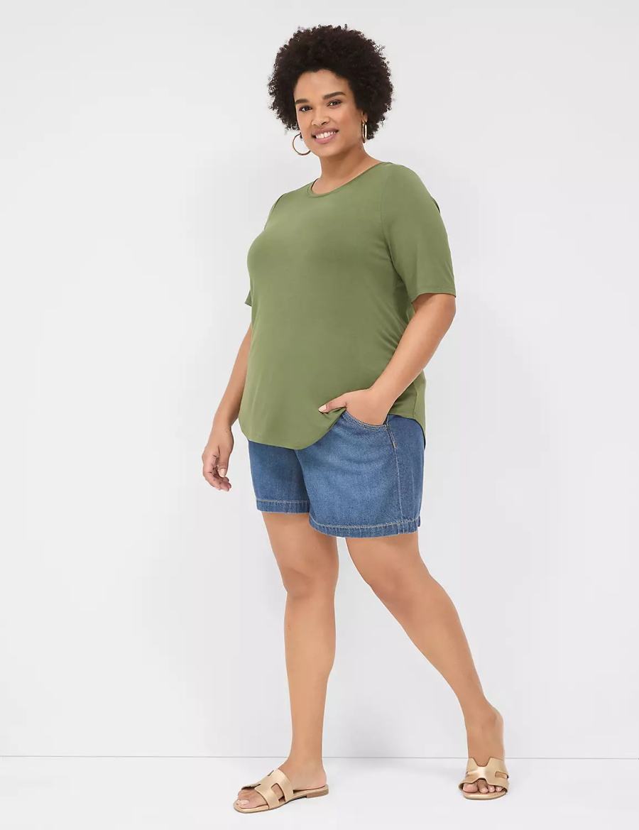 Women Lane Bryant Curved-Hem Perfect Sleeve Tee T Shirts Brown Green | DAN6381WS
