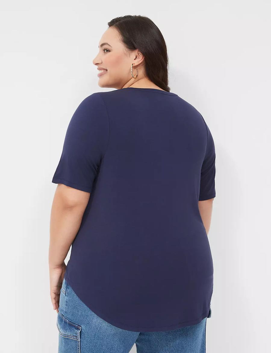 Women Lane Bryant Curved-Hem Perfect Sleeve Tee T Shirts Blue | TWG523NO