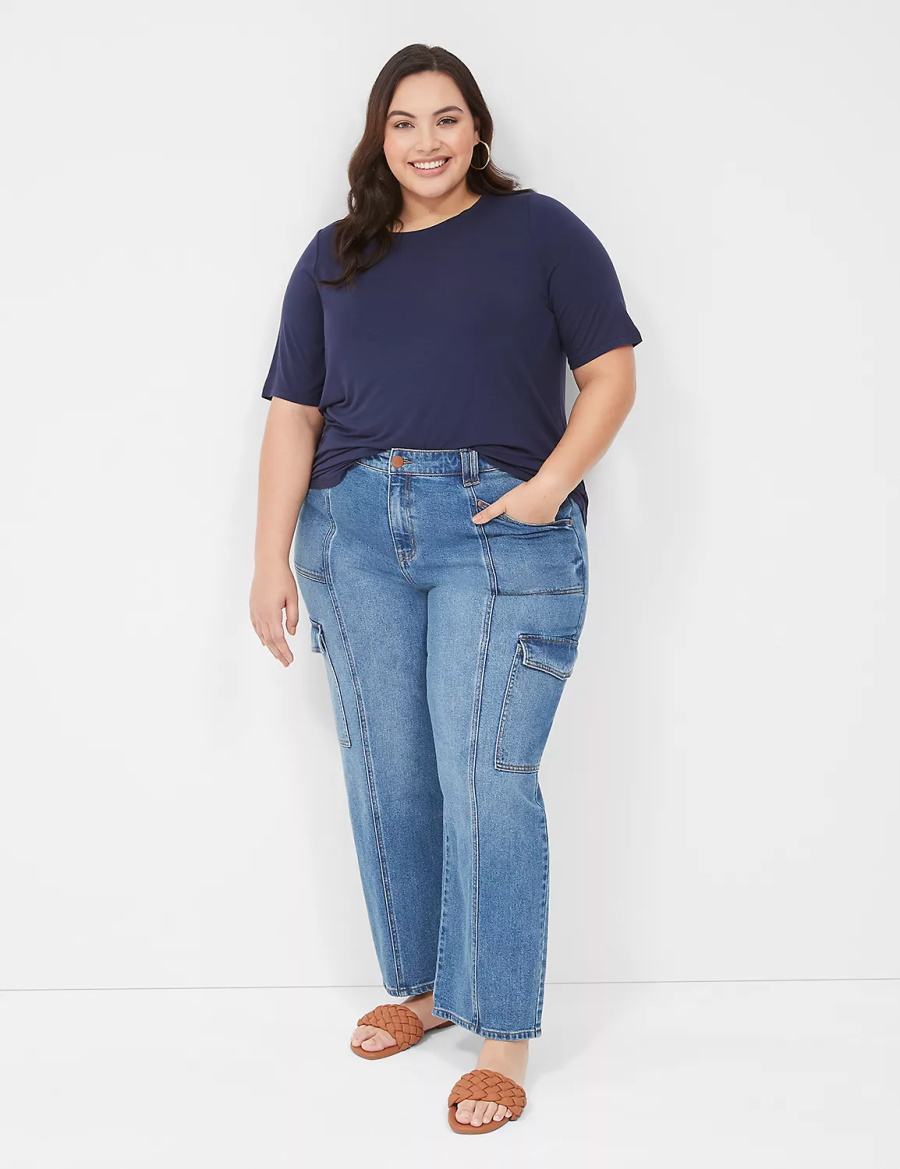 Women Lane Bryant Curved-Hem Perfect Sleeve Tee T Shirts Blue | TWG523NO