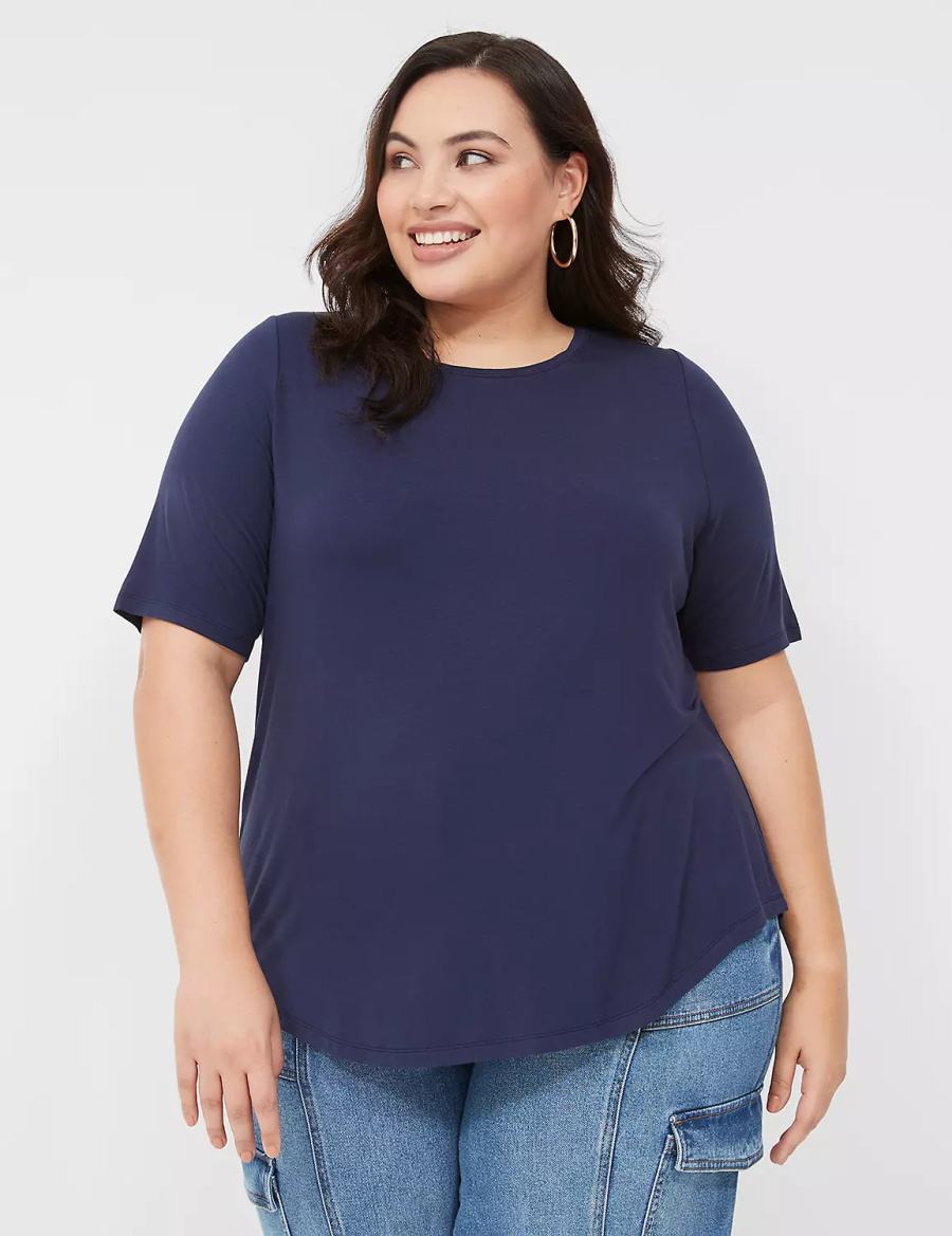 Women Lane Bryant Curved-Hem Perfect Sleeve Tee T Shirts Blue | TWG523NO