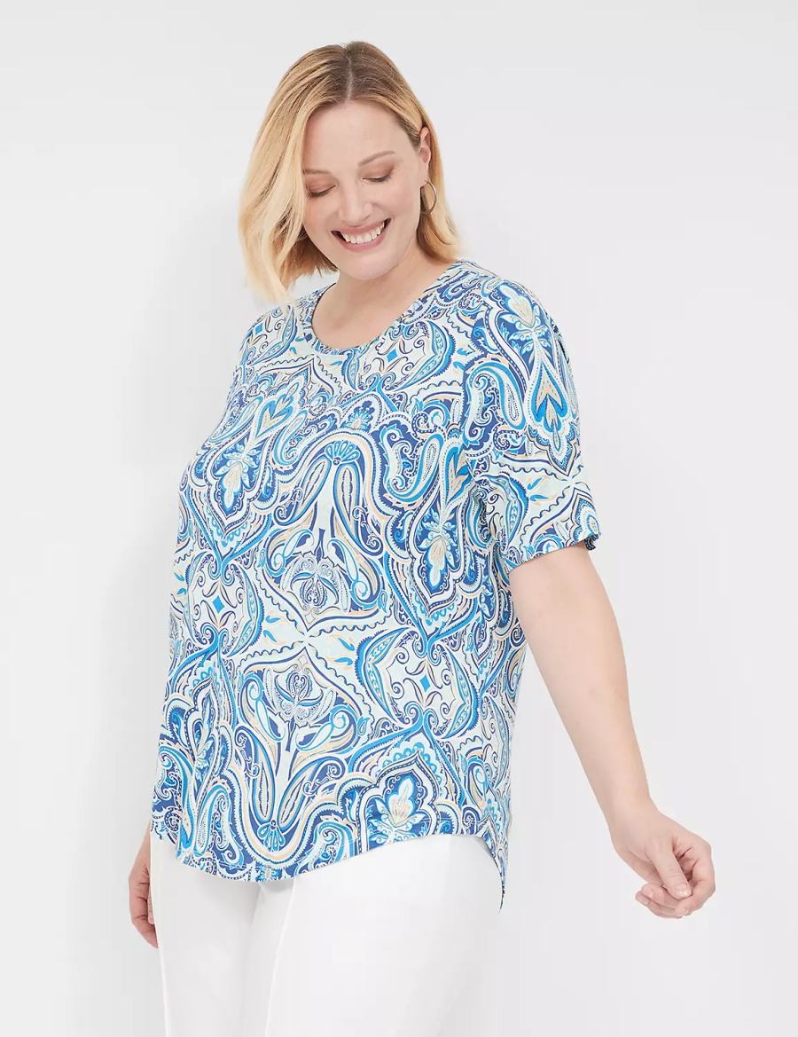Women Lane Bryant Curved-Hem Perfect Sleeve Tee T Shirts Blue | YMS8314UF