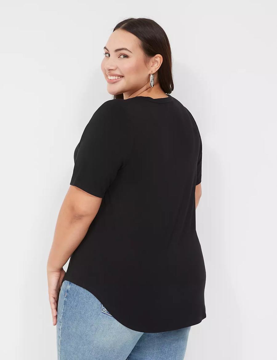 Women Lane Bryant Curved-Hem Perfect Sleeve Tee T Shirts Black | BFP6198WC