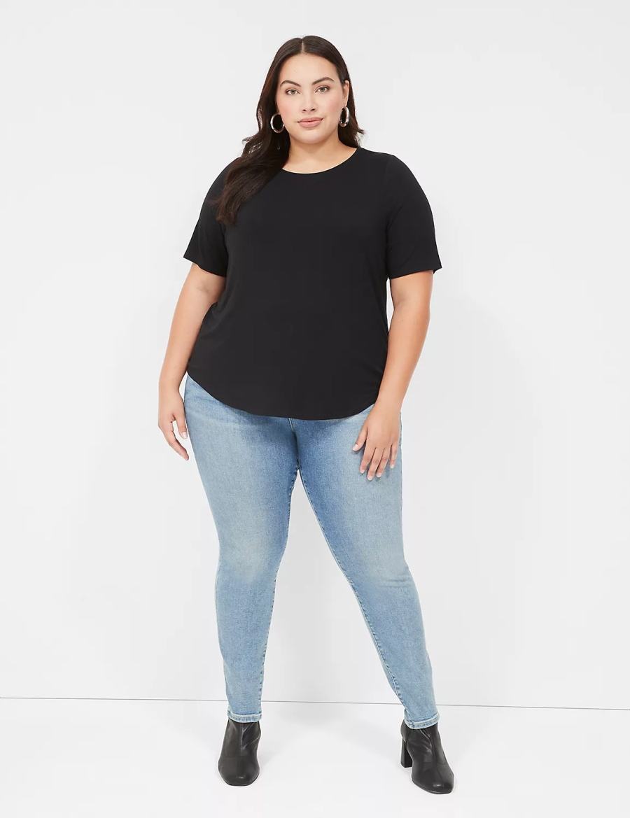 Women Lane Bryant Curved-Hem Perfect Sleeve Tee T Shirts Black | BFP6198WC
