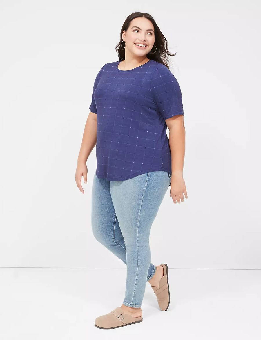 Women Lane Bryant Curved-Hem Perfect Sleeve Tee T Shirts Dark Blue | VUG2366KL