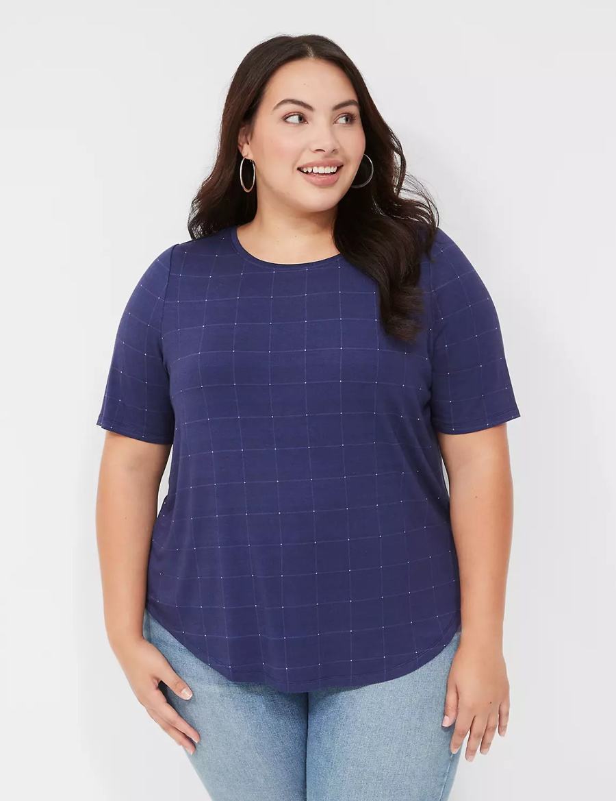Women Lane Bryant Curved-Hem Perfect Sleeve Tee T Shirts Dark Blue | VUG2366KL