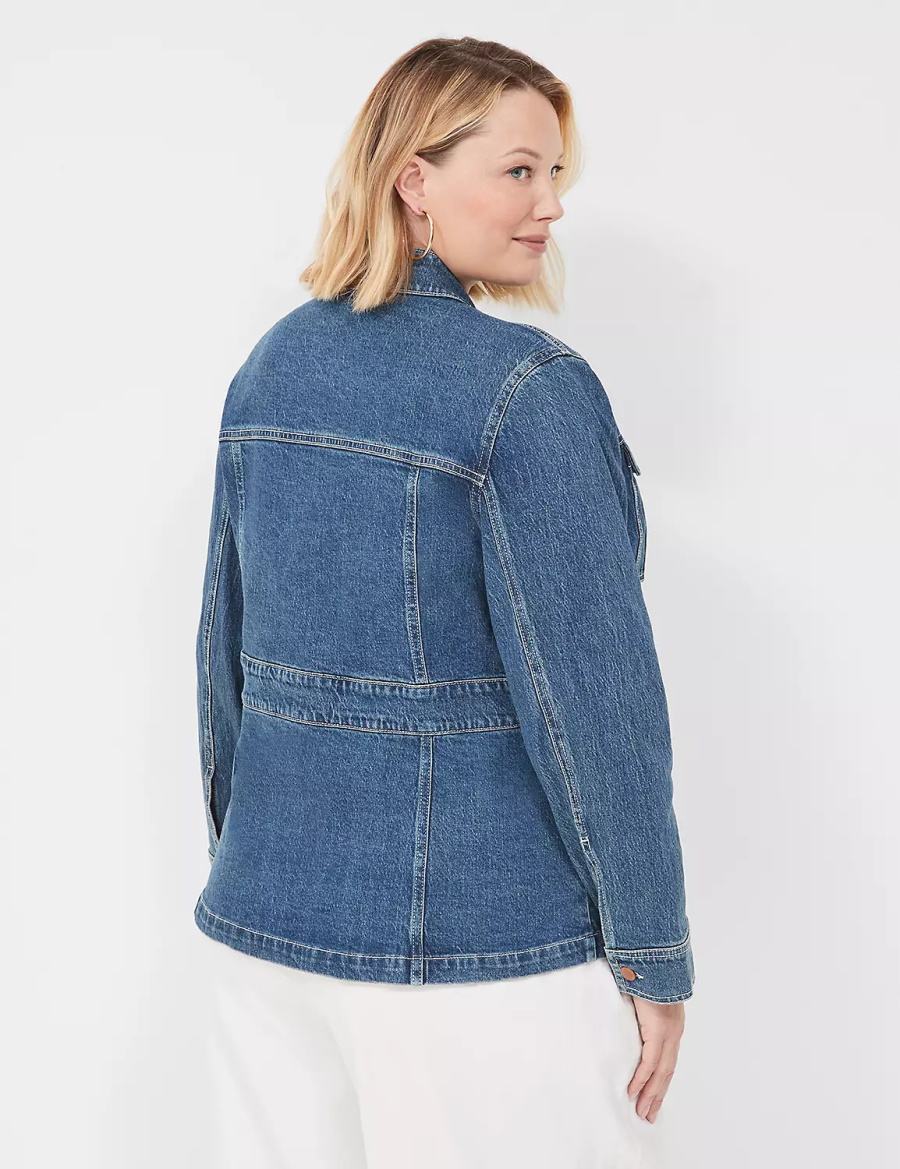 Women Lane Bryant Denim Banded-Waist Utility Jackets Dark Blue | DSF3019UC