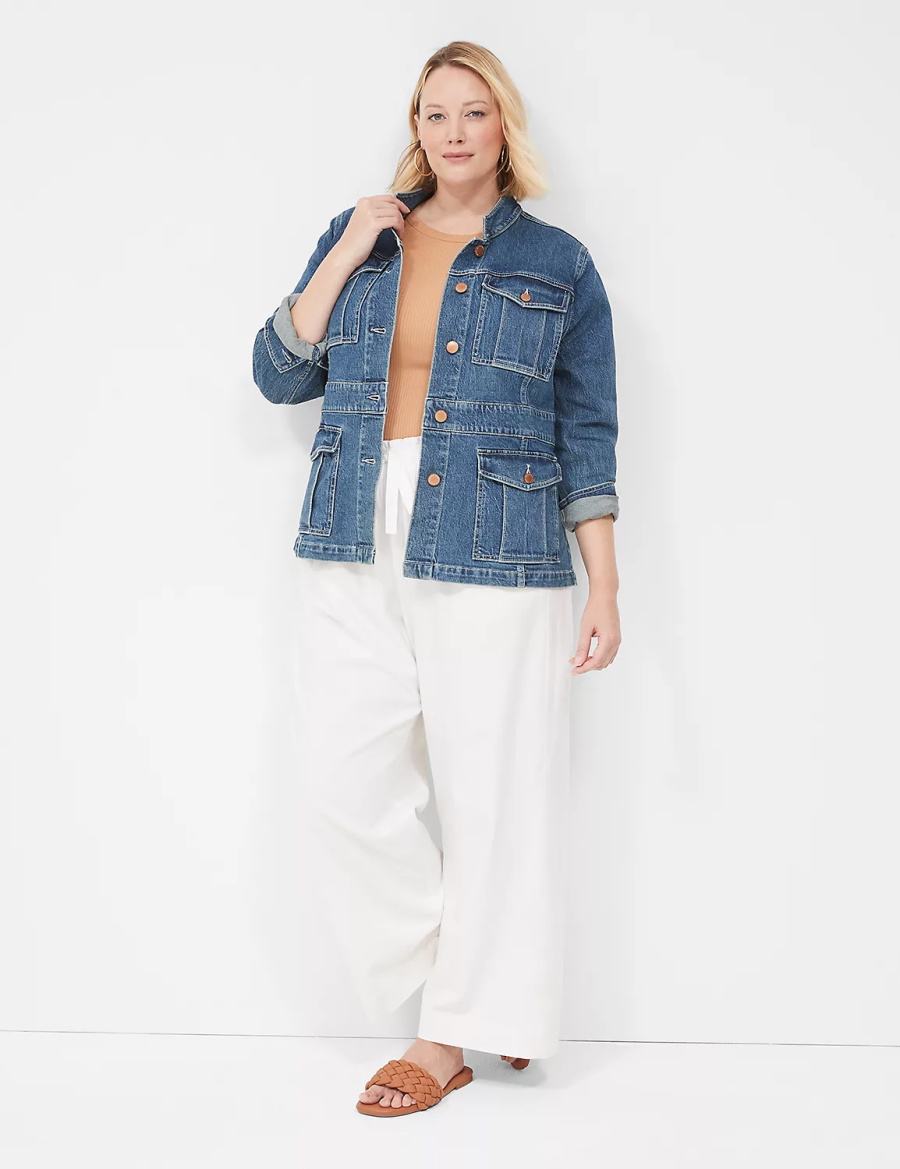 Women Lane Bryant Denim Banded-Waist Utility Jackets Dark Blue | DSF3019UC
