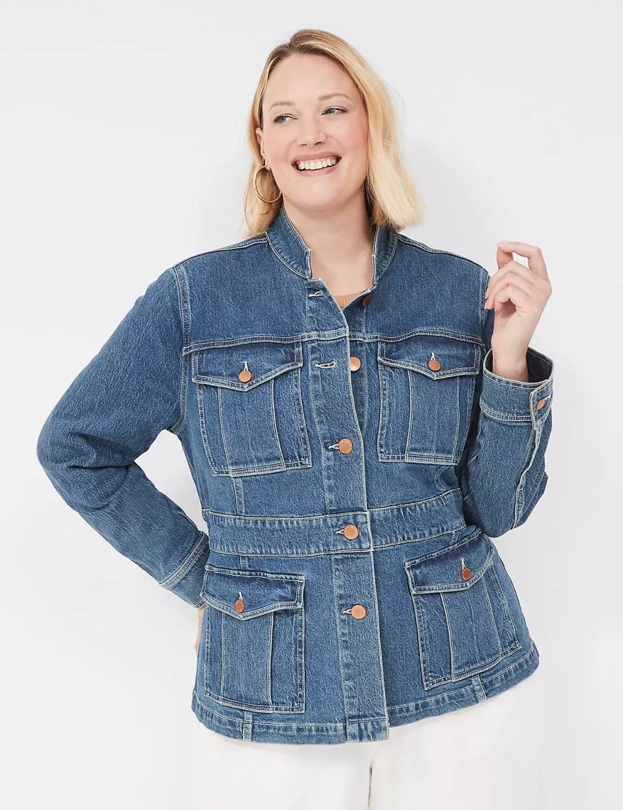 Women Lane Bryant Denim Banded-Waist Utility Jackets Dark Blue | DSF3019UC