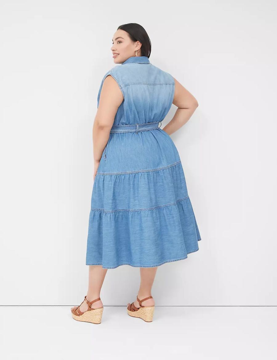 Women Lane Bryant Denim Tiered Midi Dress Blue | JPR87100GE