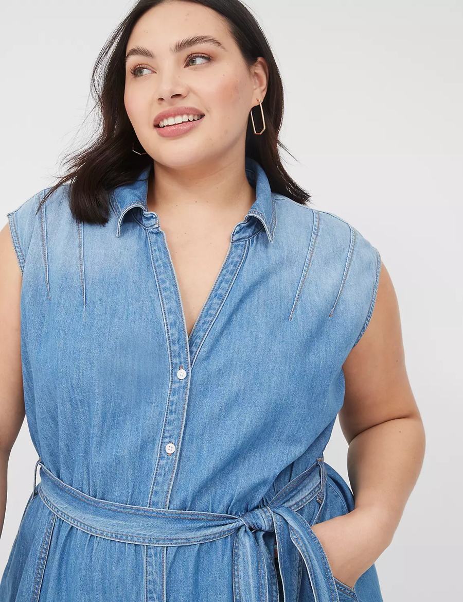 Women Lane Bryant Denim Tiered Midi Dress Blue | JPR87100GE