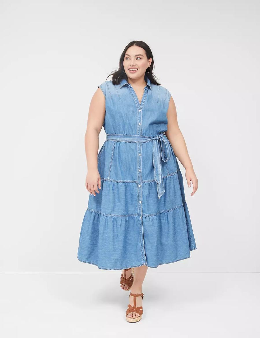 Women Lane Bryant Denim Tiered Midi Dress Blue | JPR87100GE