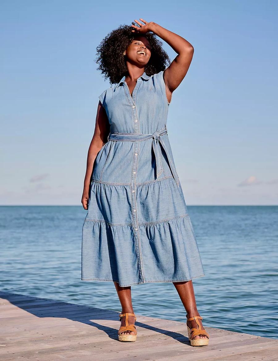 Women Lane Bryant Denim Tiered Midi Dress Blue | JPR87100GE