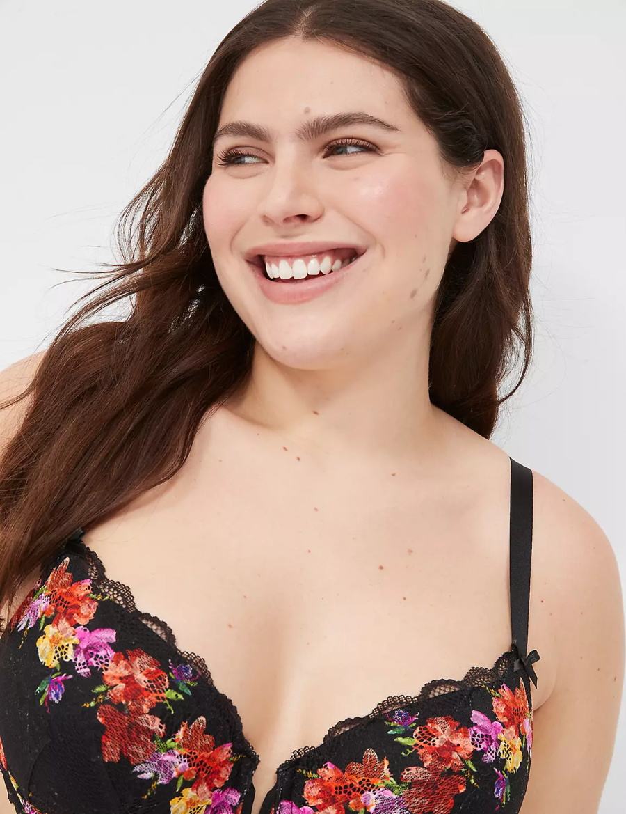 Women Lane Bryant Digital Print Lace Lightly Lined V-Wire Bralettes Black | IFV3778MI