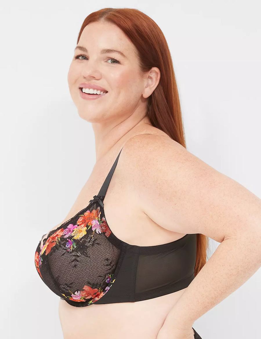 Women Lane Bryant Digital Print Lace Unlined Balconette Bra Black | TGO6112CF