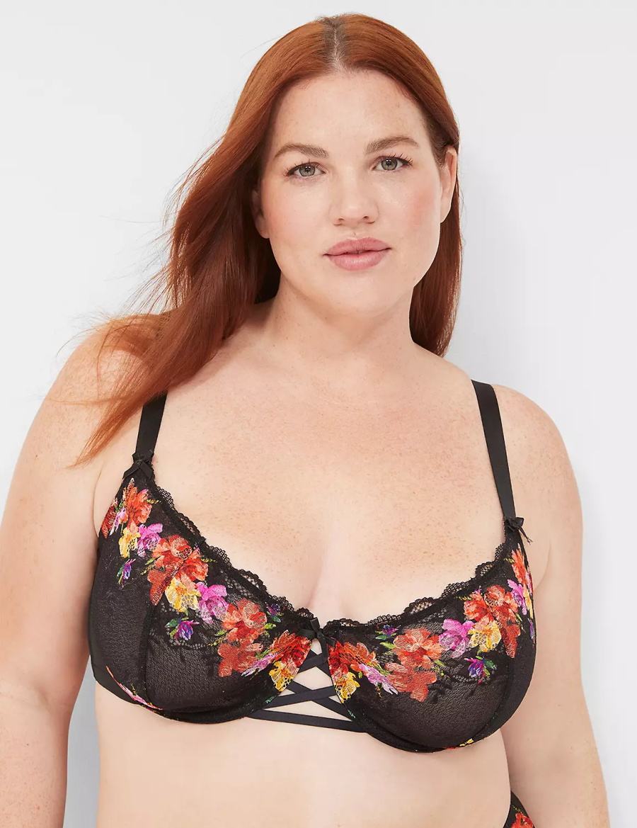 Women Lane Bryant Digital Print Lace Unlined Balconette Bra Black | TGO6112CF