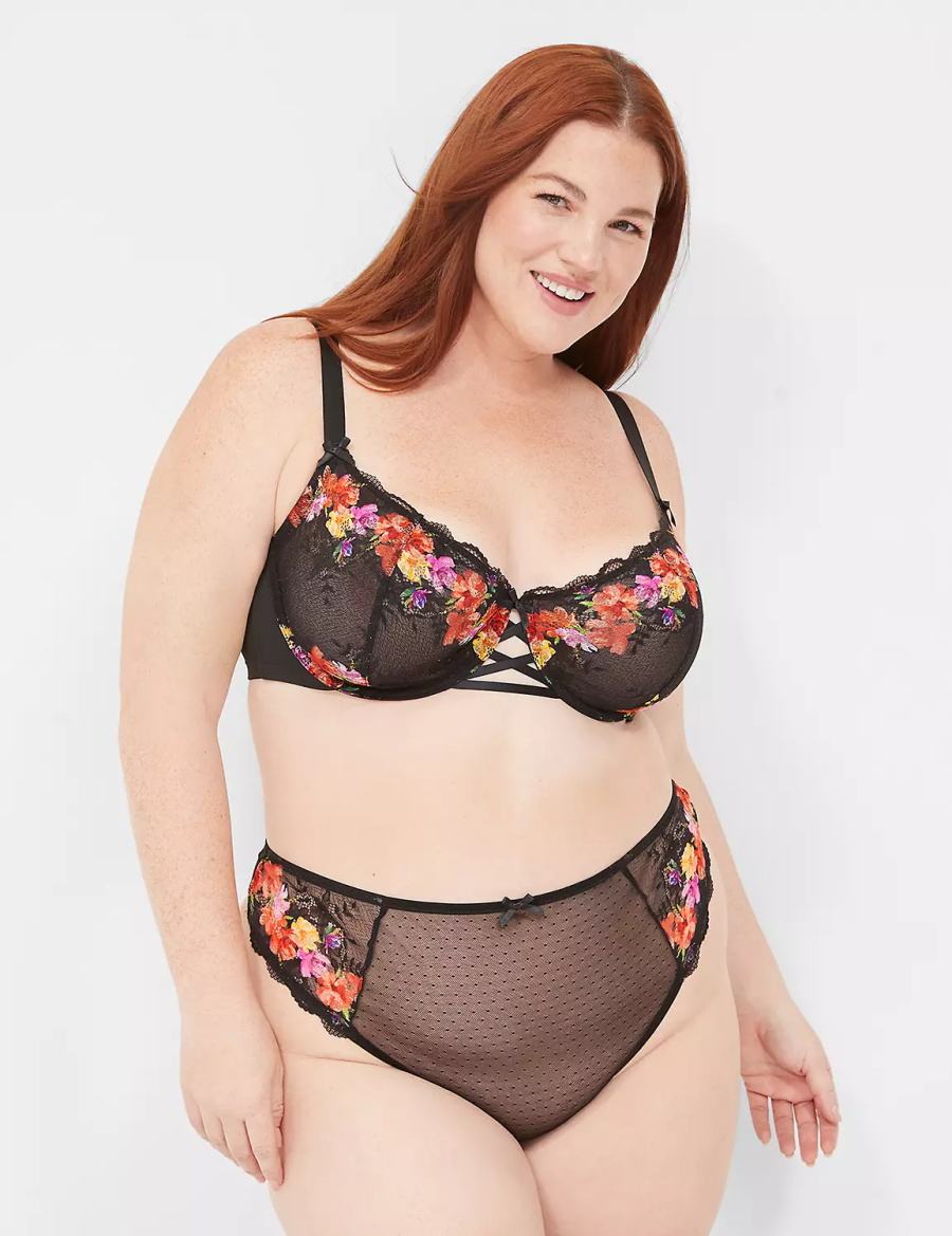 Women Lane Bryant Digital Print Lace Unlined Balconette Bra Black | TGO6112CF