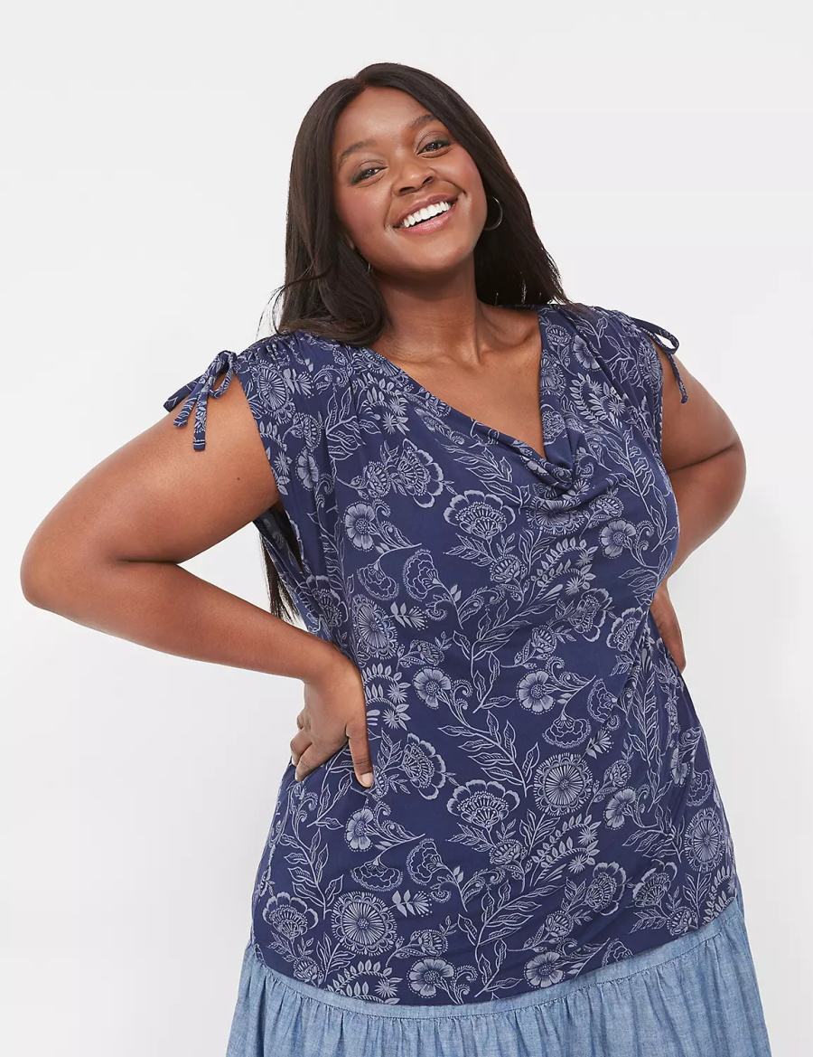 Women Lane Bryant Drawcord Cap-Sleeve Drape-Neck Top T Shirts Navy | WKP6080JQ