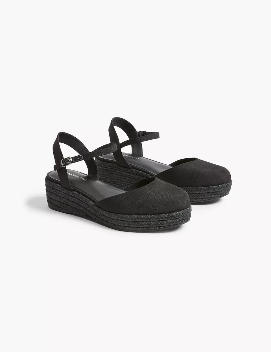 Women Lane Bryant Dream Cloud Ankle-Strap Espadrille Wedge Sandals Black | NZX9153QM