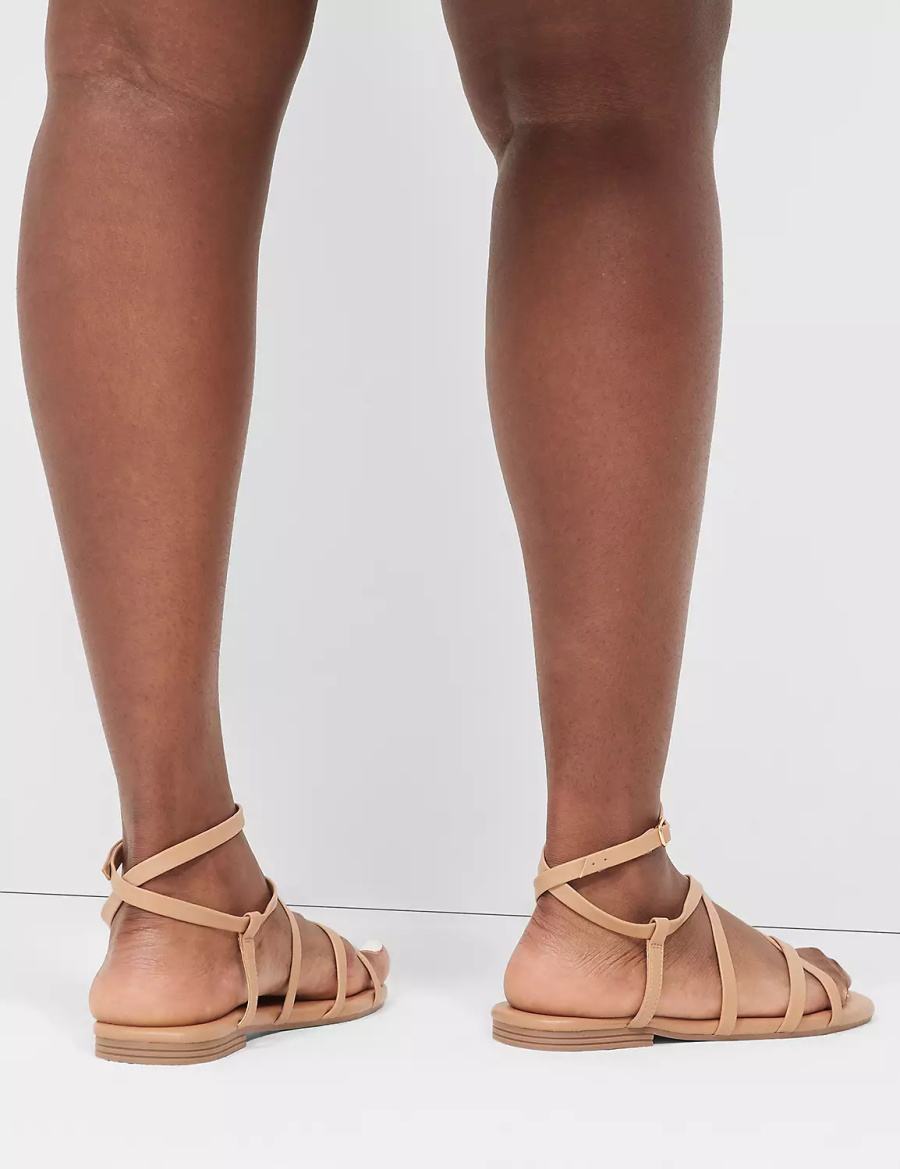 Women Lane Bryant Dream Cloud Ankle-Strap Faux-Leather Gladiator Flat Sandals Brown | JQD8368DG
