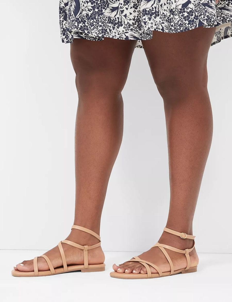 Women Lane Bryant Dream Cloud Ankle-Strap Faux-Leather Gladiator Flat Sandals Brown | JQD8368DG