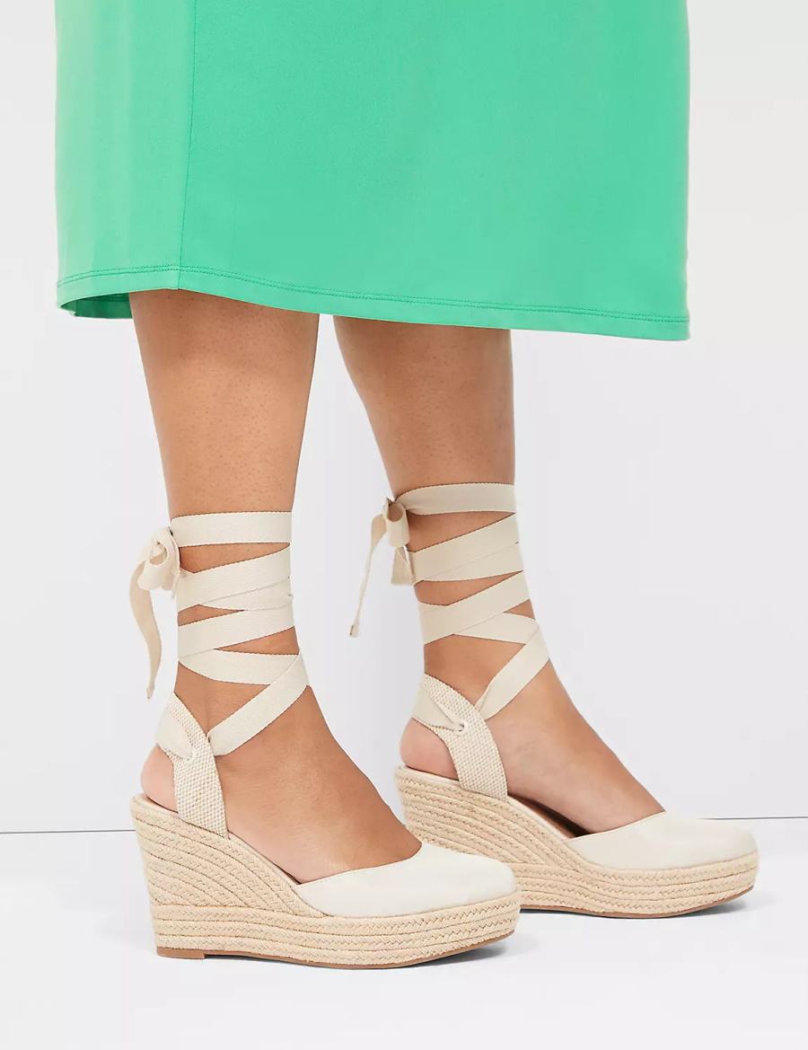 Women Lane Bryant Dream Cloud Ankle-Tie Espadrille Wedge Sandals White | BKH945VZ