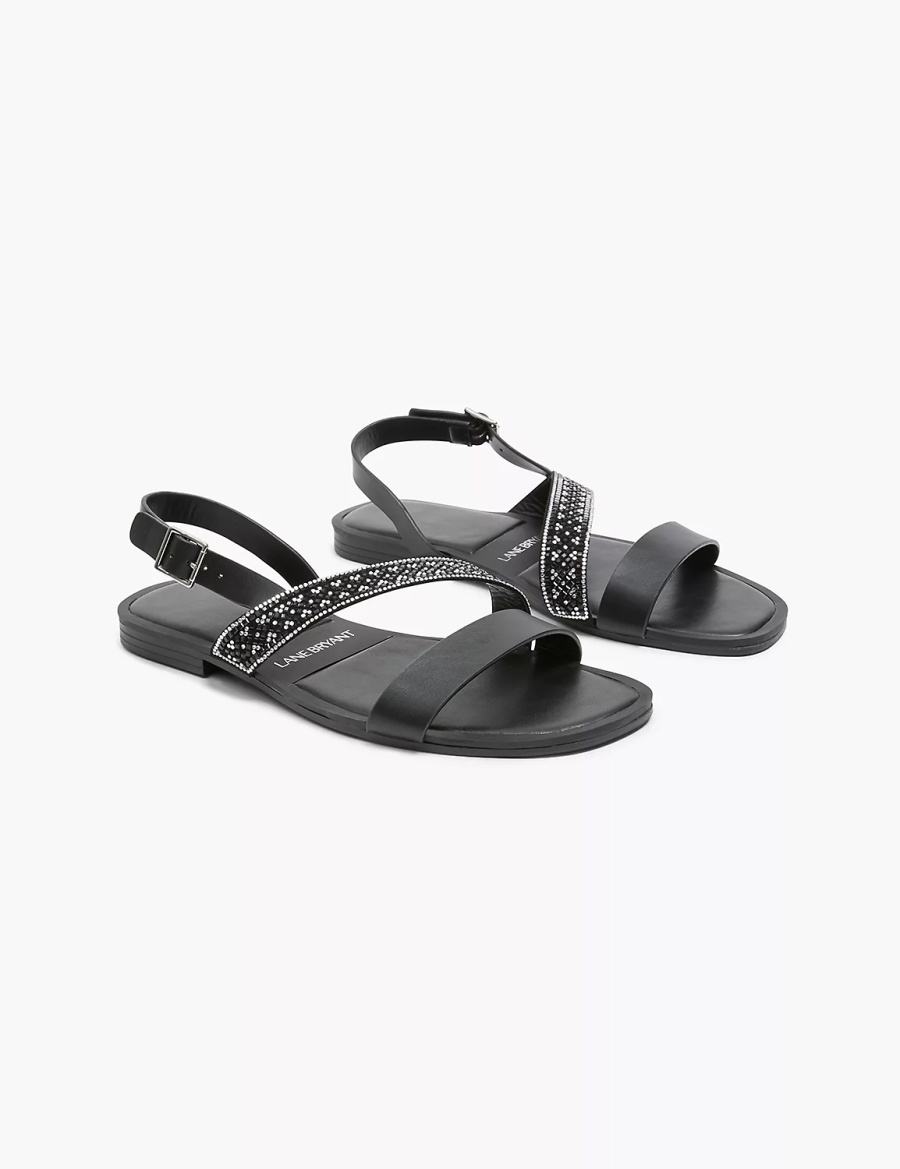 Women Lane Bryant Dream Cloud Double-Band Faux-Leather Flat Sandals Black | DZC782WT