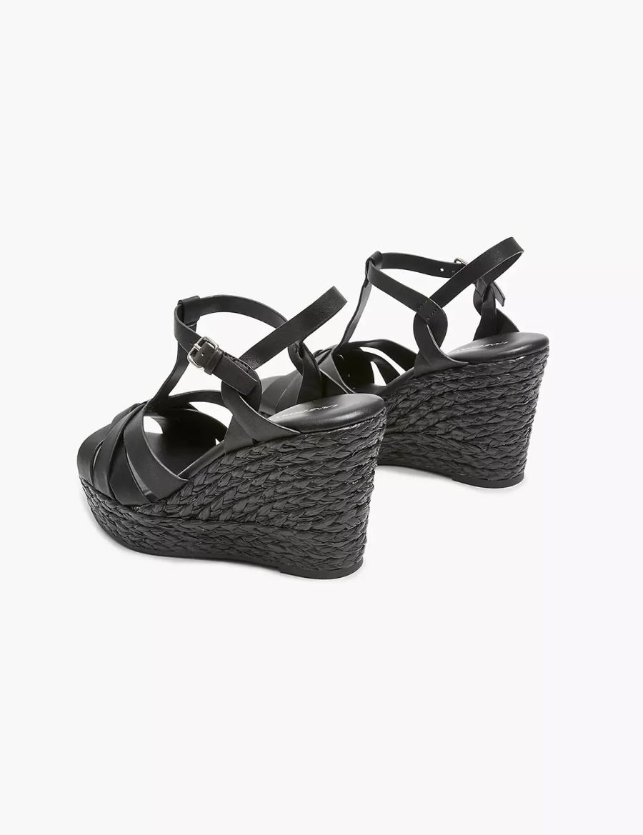 Women Lane Bryant Dream Cloud Faux-Leather T-Strap Espadrille Wedge Sandals Black | POL1664AA