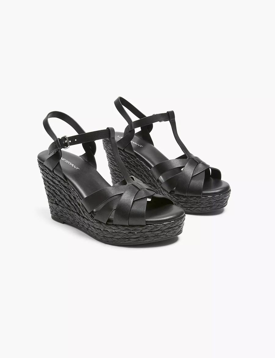 Women Lane Bryant Dream Cloud Faux-Leather T-Strap Espadrille Wedge Sandals Black | POL1664AA