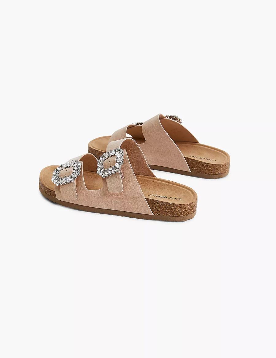 Women Lane Bryant Dream Cloud Faux-Suede Embellished Slip-On Flat Sandals Khaki | WOL951ZZ