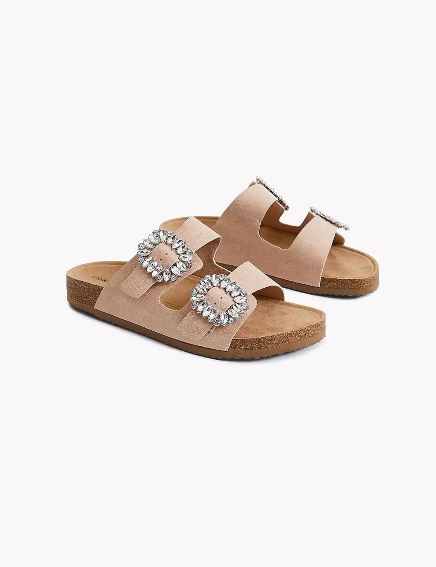 Women Lane Bryant Dream Cloud Faux-Suede Embellished Slip-On Flat Sandals Khaki | WOL951ZZ