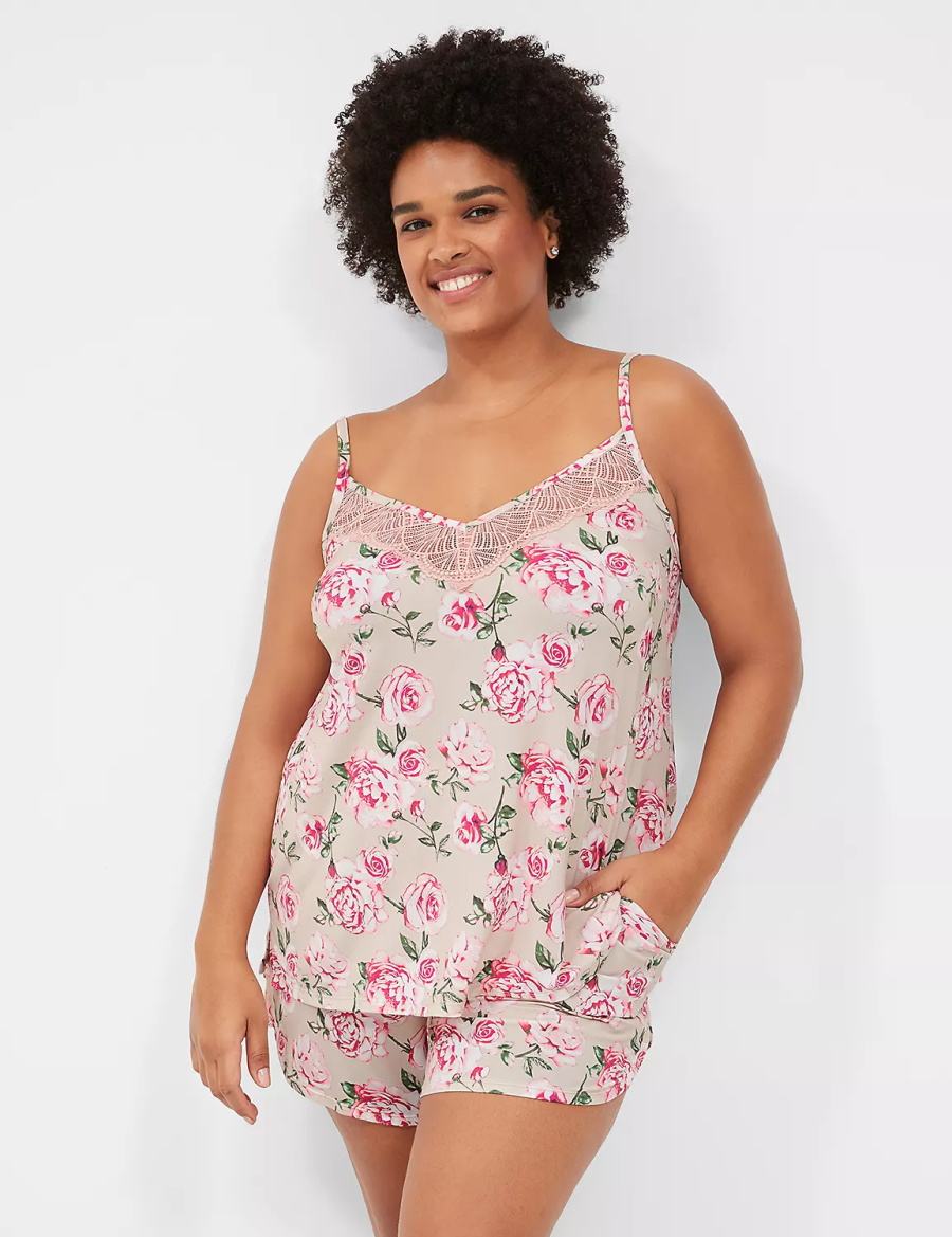 Women Lane Bryant DreamyCool Lace-Trim Cami & Short PJ Set Pajamas Rose Pink | IGS137WQ