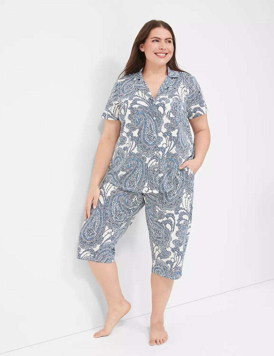 Women Lane Bryant DreamyCool Short-Sleeve Shirt & Crop Pant PJ Set Pajamas Blue Multicolor | GKK5281GS