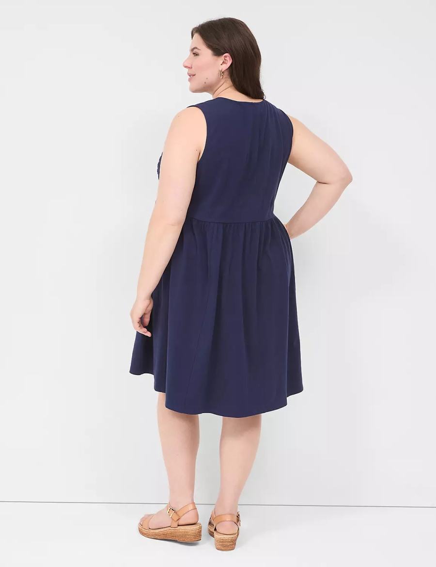 Women Lane Bryant Easy Swing Eyelet-Bodice Casual Dress Blue | UJP9747JM