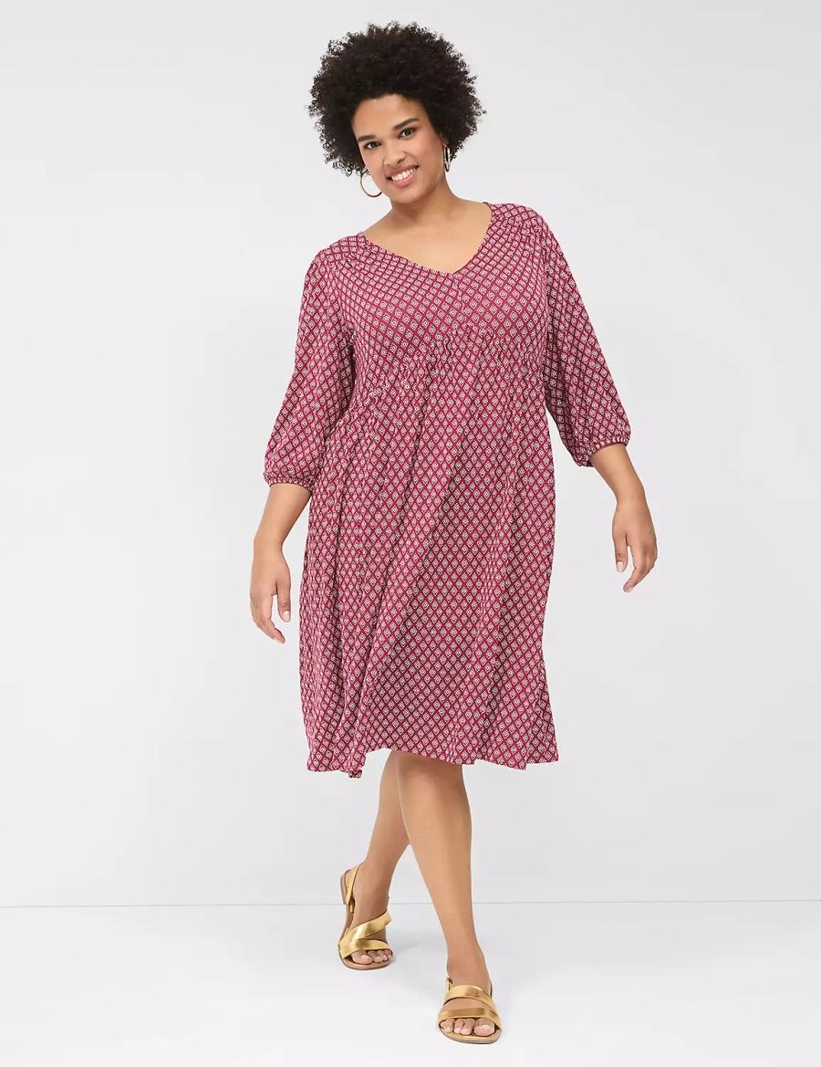 Women Lane Bryant Easy Swing V-Neck Casual Dress Burgundy | KEU8271DM