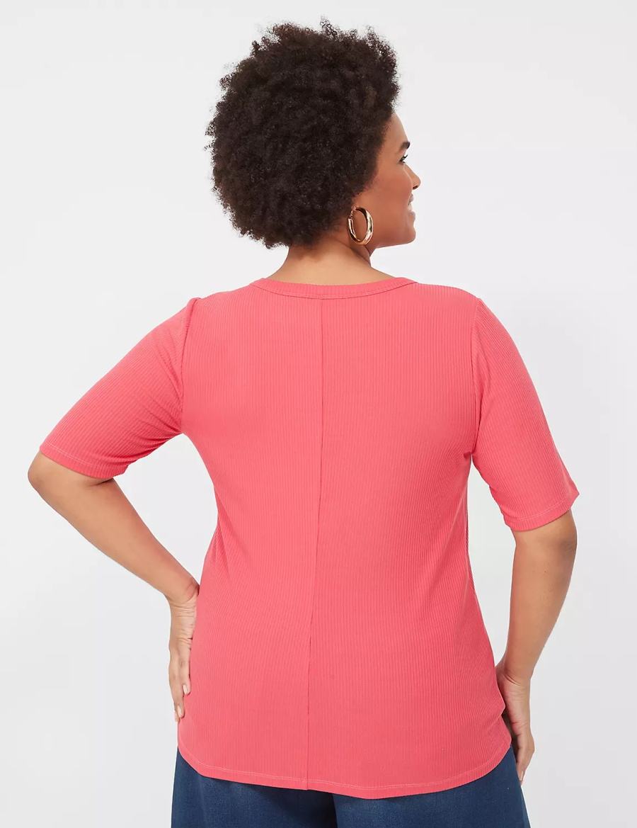 Women Lane Bryant Elbow-Sleeve High Crew-Neck Rib Top T Shirts Pink | YMN3616RS