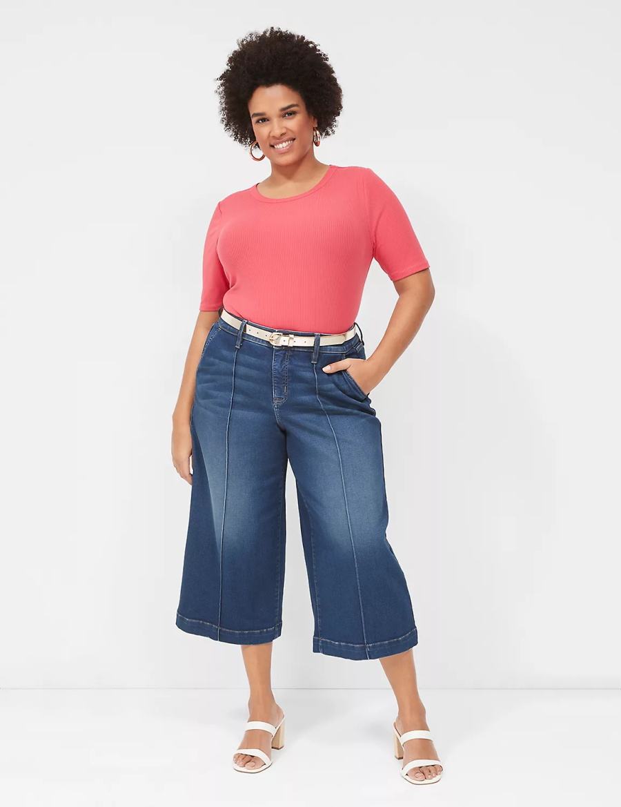 Women Lane Bryant Elbow-Sleeve High Crew-Neck Rib Top T Shirts Pink | YMN3616RS