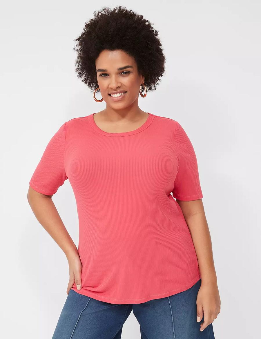Women Lane Bryant Elbow-Sleeve High Crew-Neck Rib Top T Shirts Pink | YMN3616RS