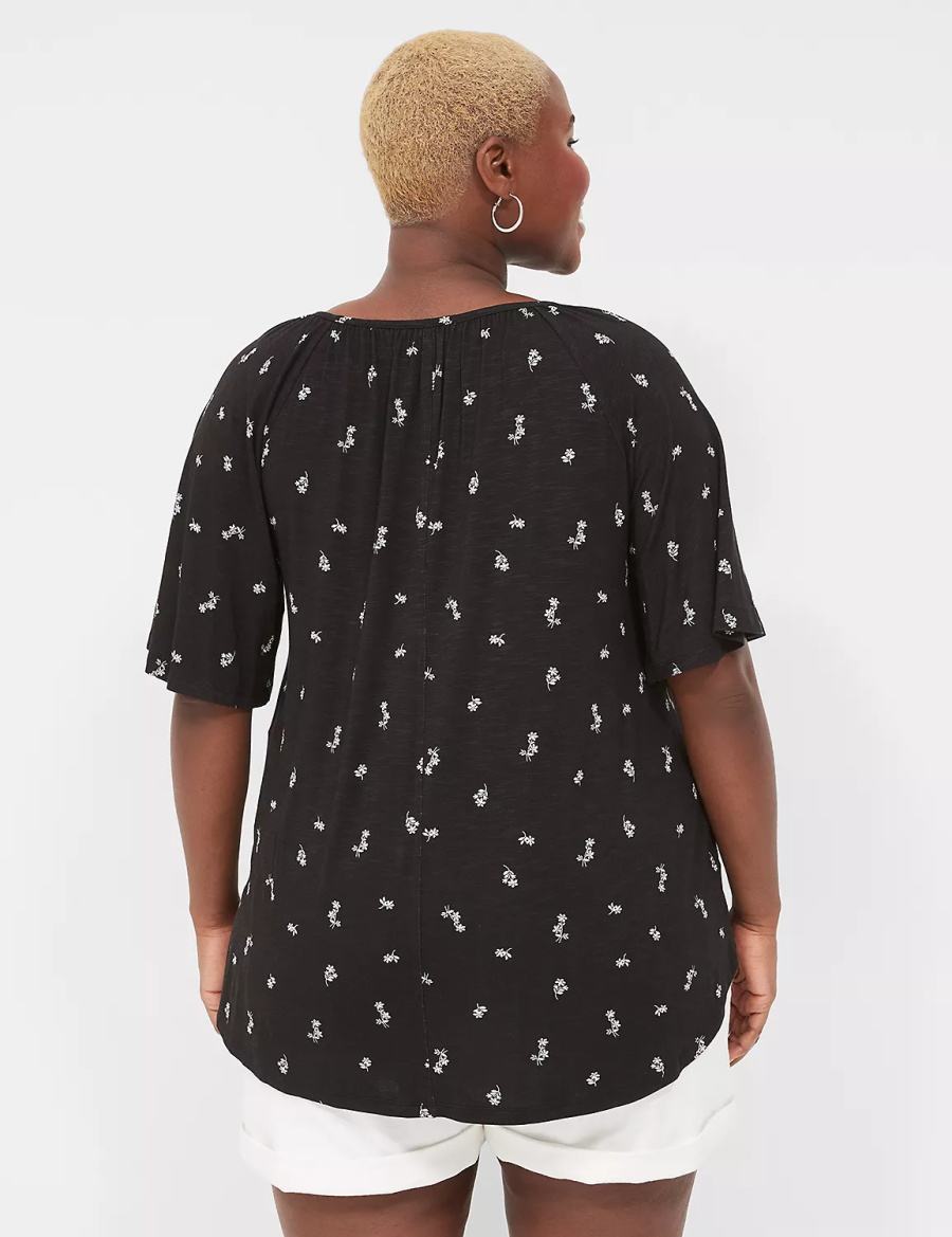 Women Lane Bryant Elbow-Sleeve Notch-Neck Top T Shirts White | CCV556KW